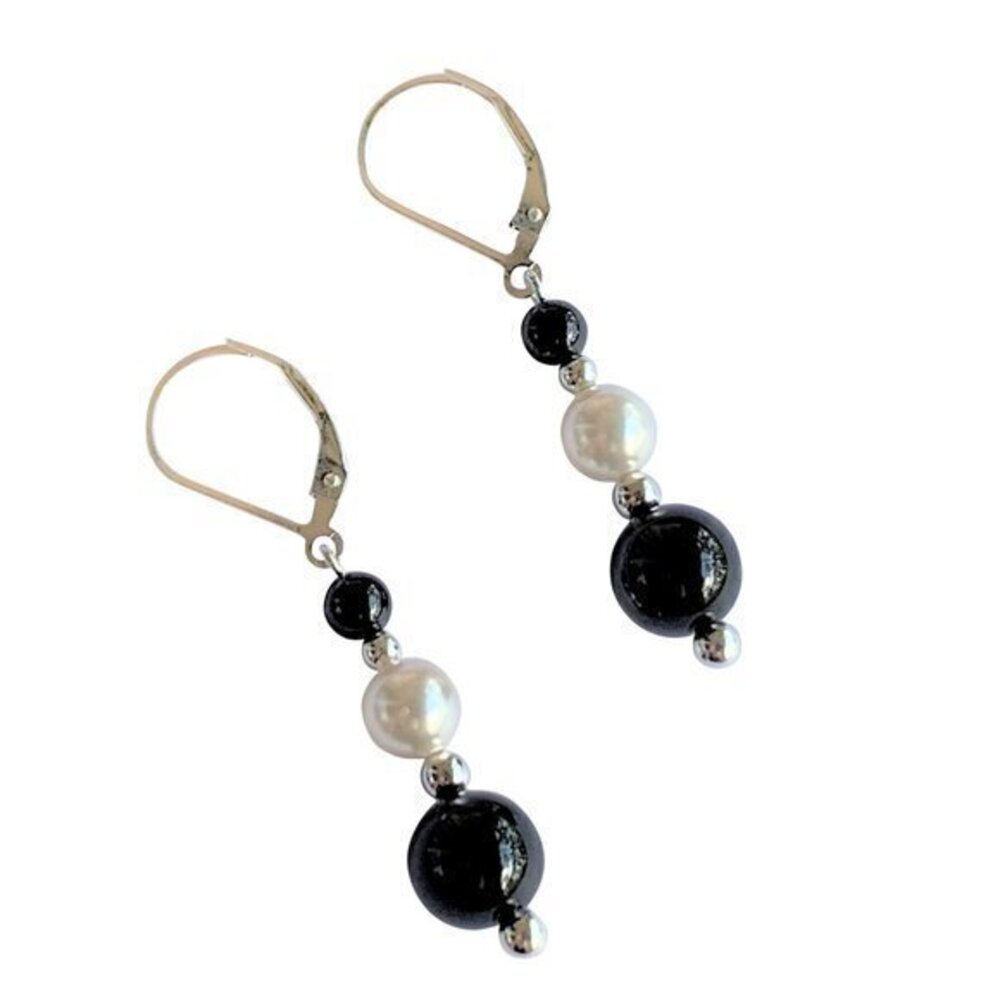 Black Onyx and Pearl Sterling Silver Leverback Earrings for Women Handmade USA